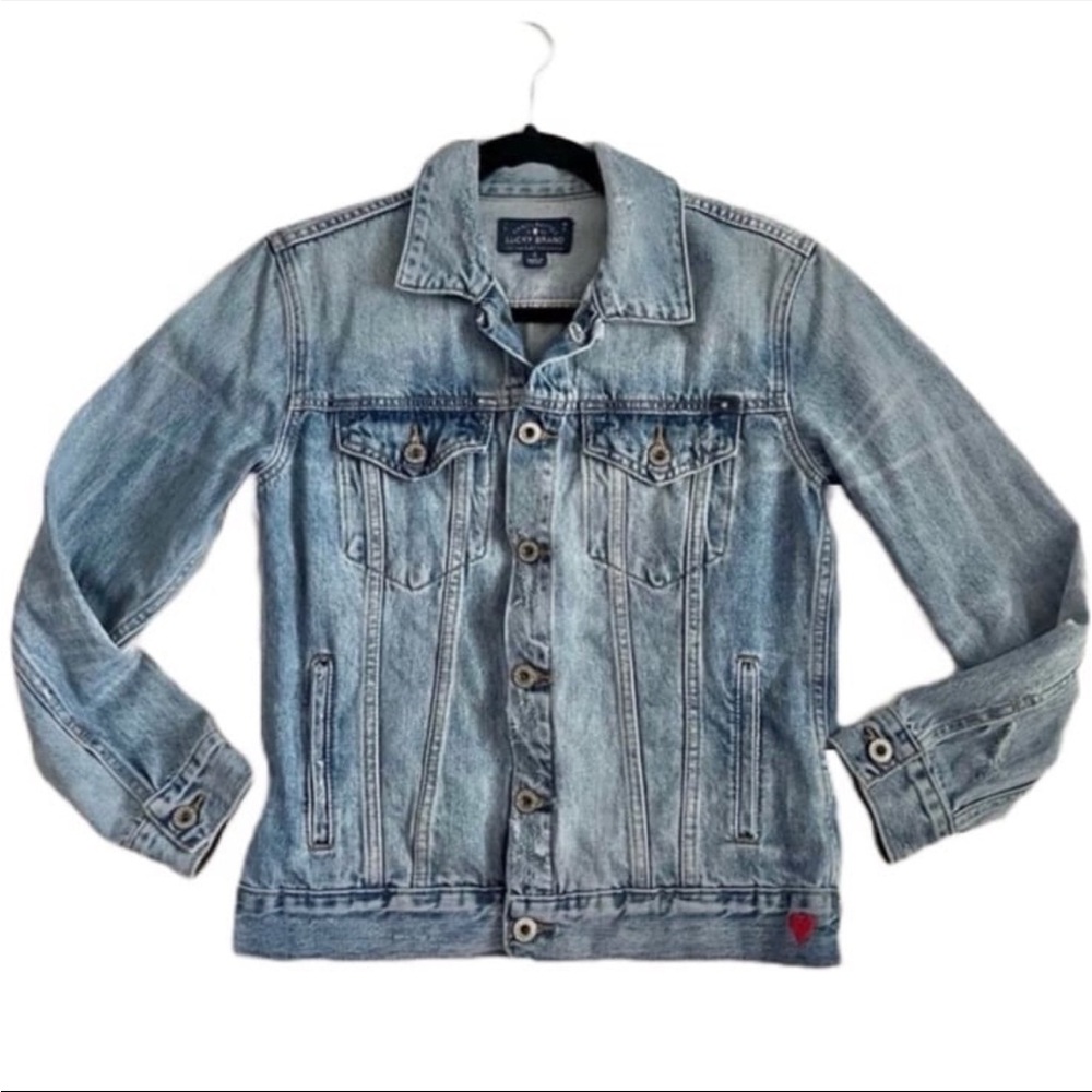Lucky Brand The Tomboy Trucker Denim Jean Jacket with Heart Embroidery